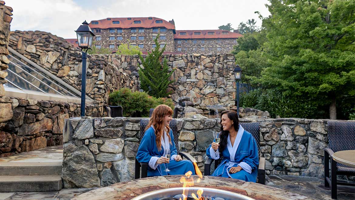 Spa terrace and historic stone architecture